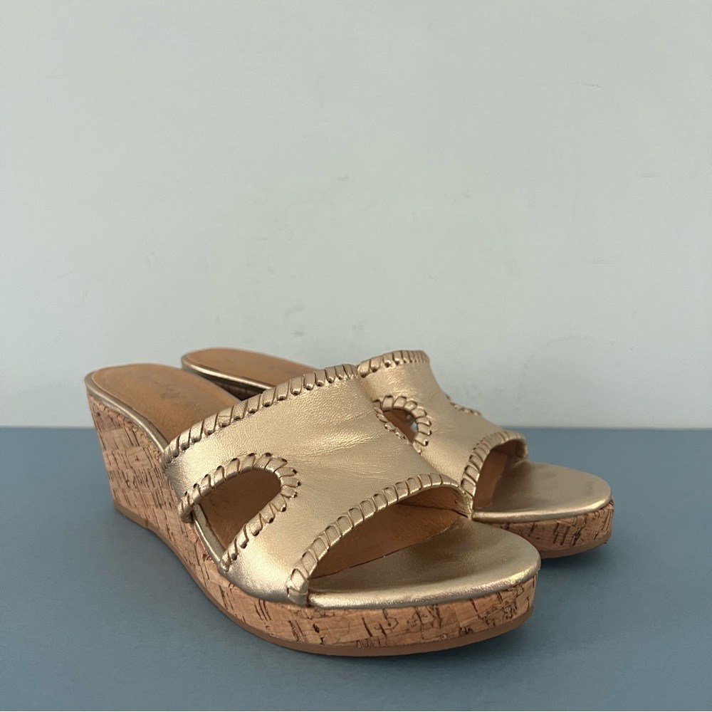 Jack Rogers Metallic Gold Cork Wedge Sandals - Picture 2 of 7